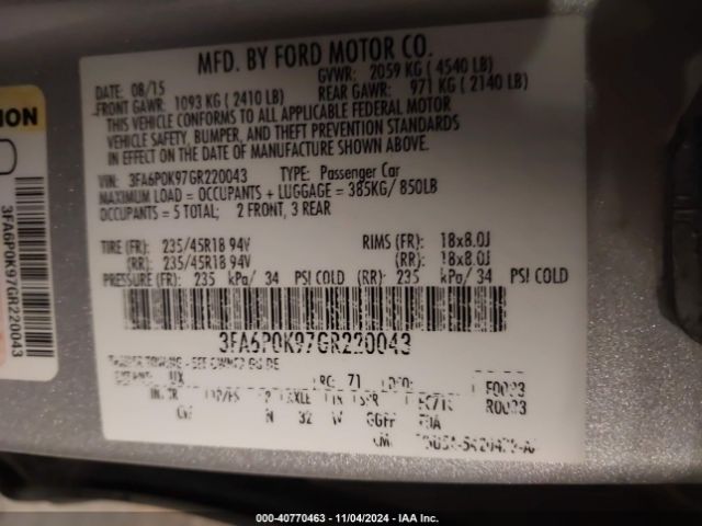 Photo 8 VIN: 3FA6P0K97GR220043 - FORD FUSION 