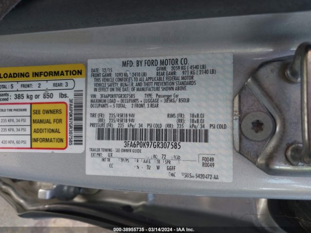 Photo 8 VIN: 3FA6P0K97GR307585 - FORD FUSION 