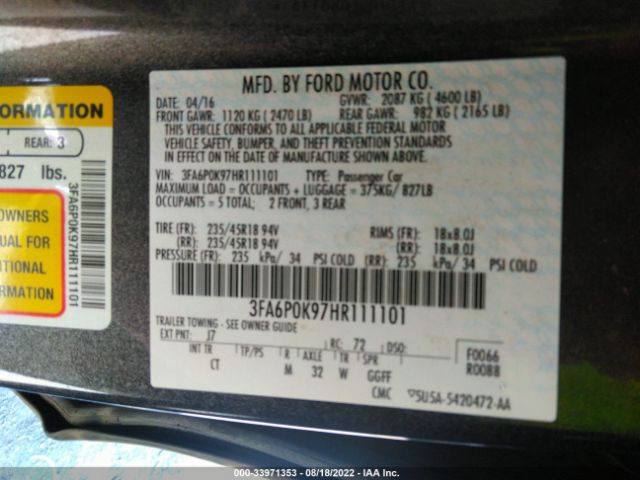 Photo 8 VIN: 3FA6P0K97HR111101 - FORD FUSION 