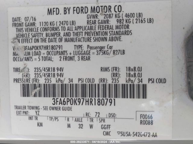 Photo 8 VIN: 3FA6P0K97HR180791 - FORD FUSION 