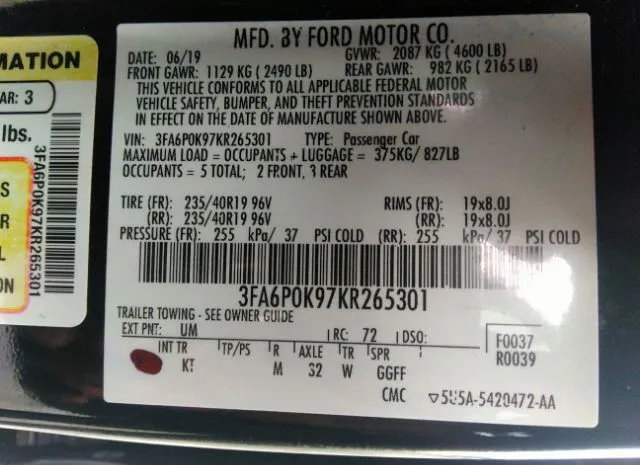 Photo 8 VIN: 3FA6P0K97KR265301 - FORD FUSION 