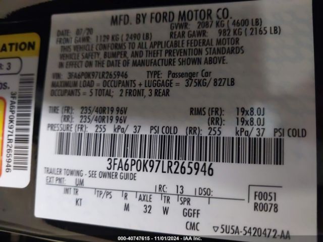 Photo 8 VIN: 3FA6P0K97LR265946 - FORD FUSION 