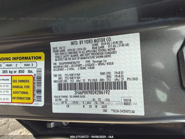 Photo 8 VIN: 3FA6P0K98DR286192 - FORD FUSION 