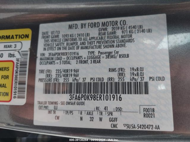 Photo 8 VIN: 3FA6P0K98ER101916 - FORD FUSION 