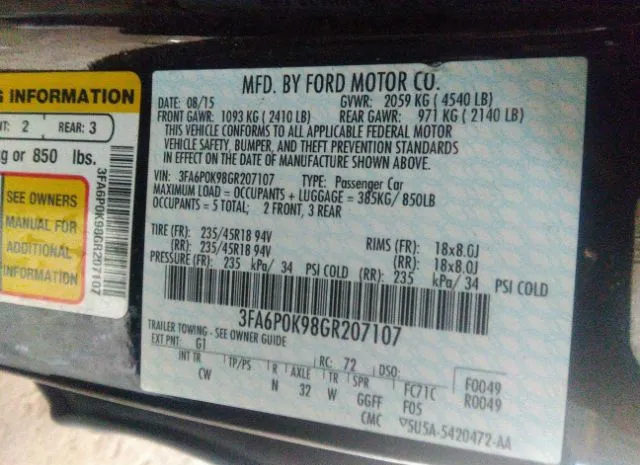 Photo 8 VIN: 3FA6P0K98GR207107 - FORD FUSION 