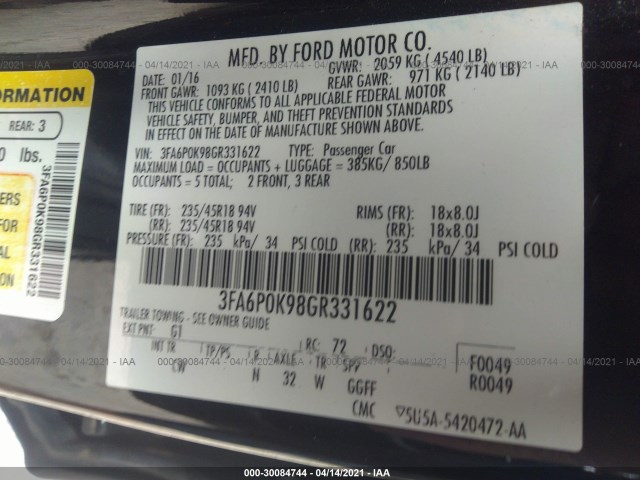 Photo 8 VIN: 3FA6P0K98GR331622 - FORD FUSION 