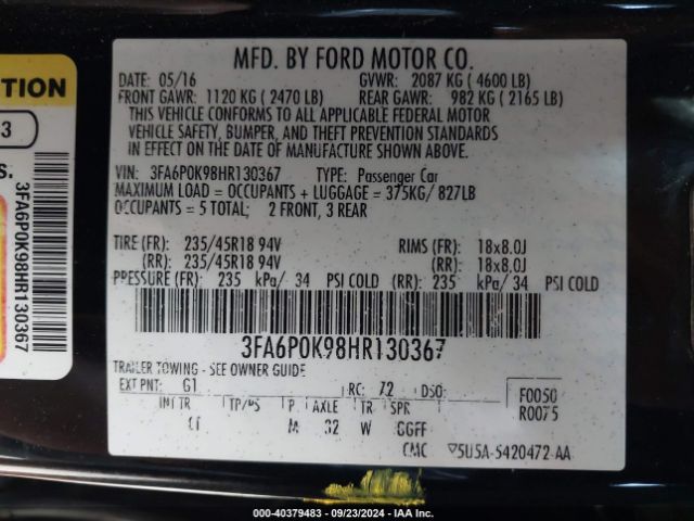 Photo 8 VIN: 3FA6P0K98HR130367 - FORD FUSION 