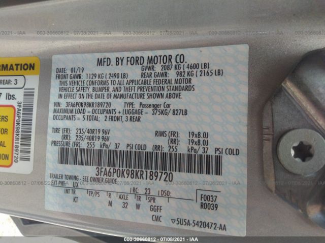 Photo 8 VIN: 3FA6P0K98KR189720 - FORD FUSION 