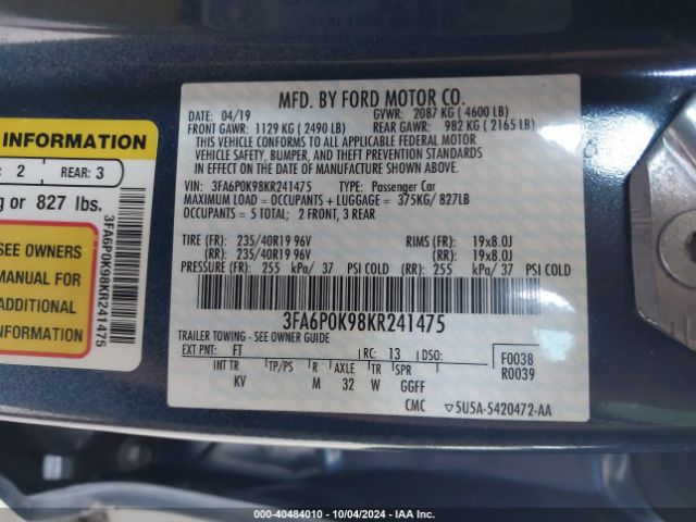 Photo 8 VIN: 3FA6P0K98KR241475 - FORD FUSION 