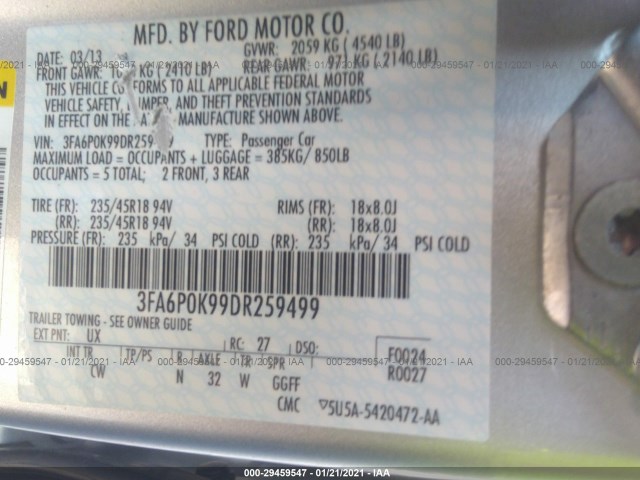 Photo 8 VIN: 3FA6P0K99DR259499 - FORD FUSION 