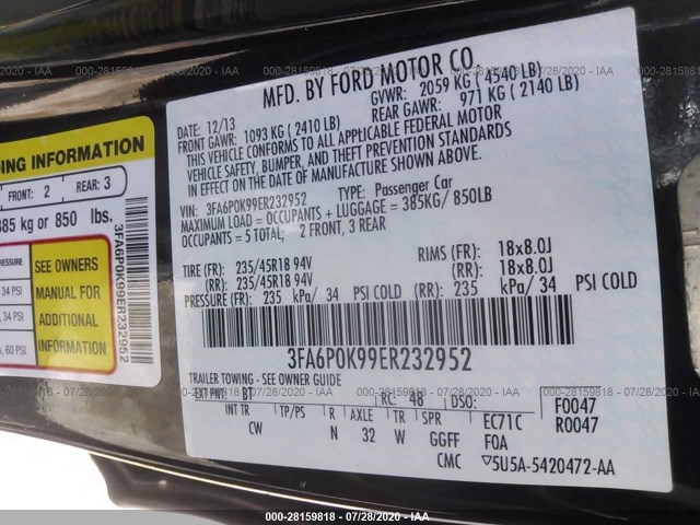 Photo 8 VIN: 3FA6P0K99ER232952 - FORD FUSION 