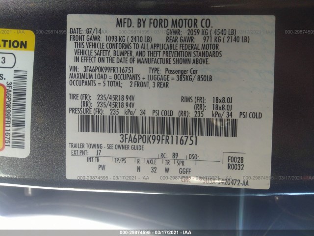 Photo 8 VIN: 3FA6P0K99FR116751 - FORD FUSION 