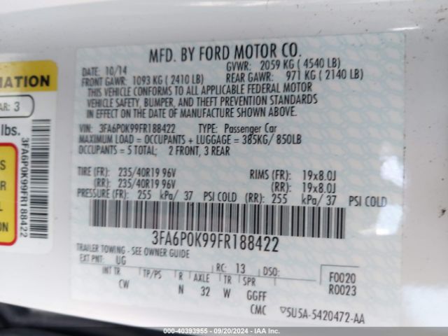 Photo 8 VIN: 3FA6P0K99FR188422 - FORD FUSION 