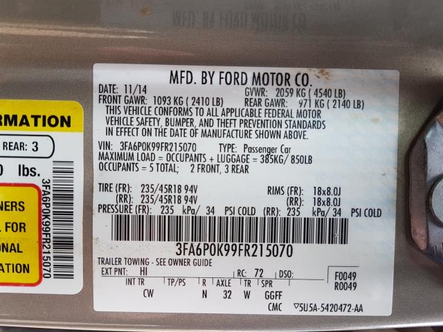 Photo 9 VIN: 3FA6P0K99FR215070 - FORD FUSION TIT 