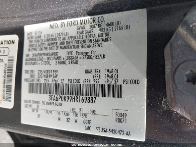 Photo 8 VIN: 3FA6P0K99HR169887 - FORD FUSION 