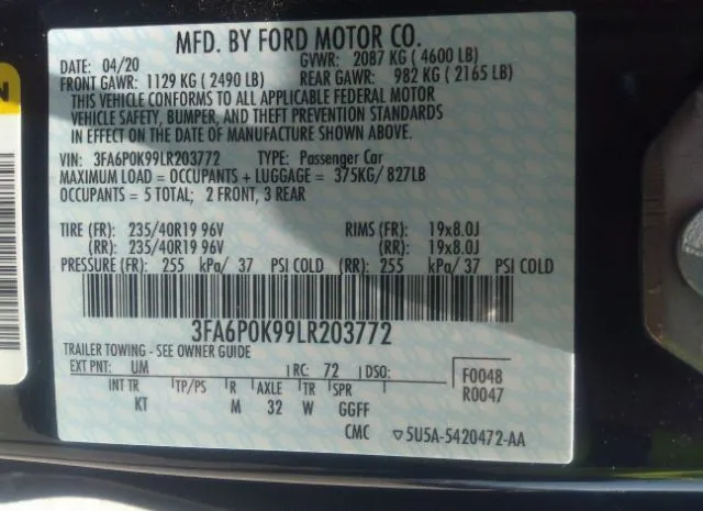 Photo 8 VIN: 3FA6P0K99LR203772 - FORD FUSION 