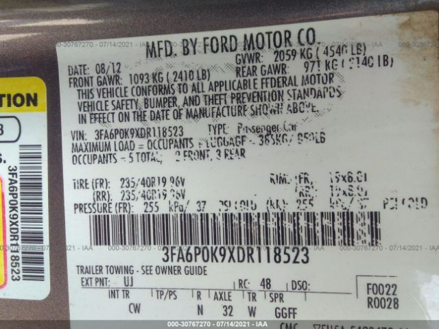 Photo 8 VIN: 3FA6P0K9XDR118523 - FORD FUSION 