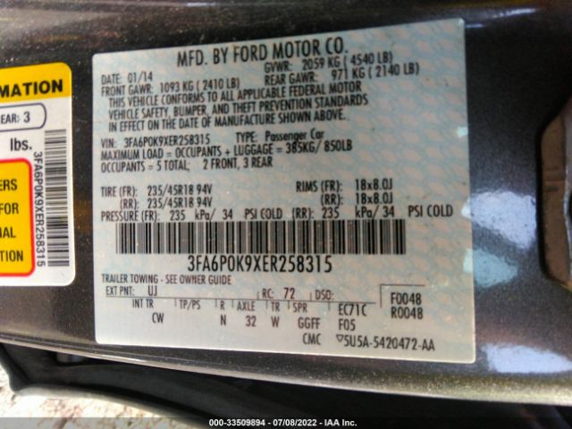 Photo 8 VIN: 3FA6P0K9XER258315 - FORD FUSION 