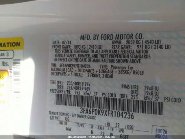 Photo 8 VIN: 3FA6P0K9XFR104236 - FORD FUSION 