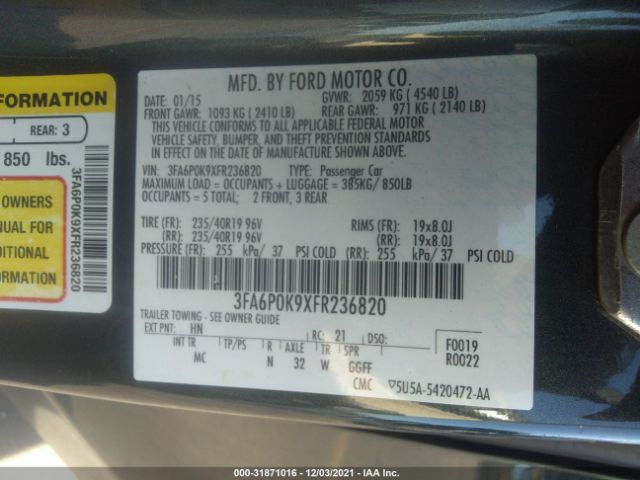 Photo 8 VIN: 3FA6P0K9XFR236820 - FORD FUSION 