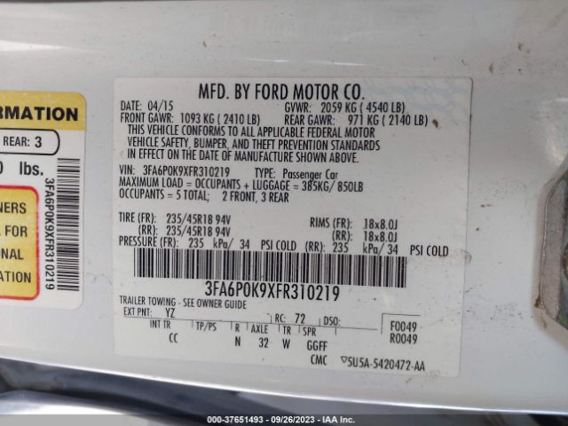 Photo 8 VIN: 3FA6P0K9XFR310219 - FORD FUSION 