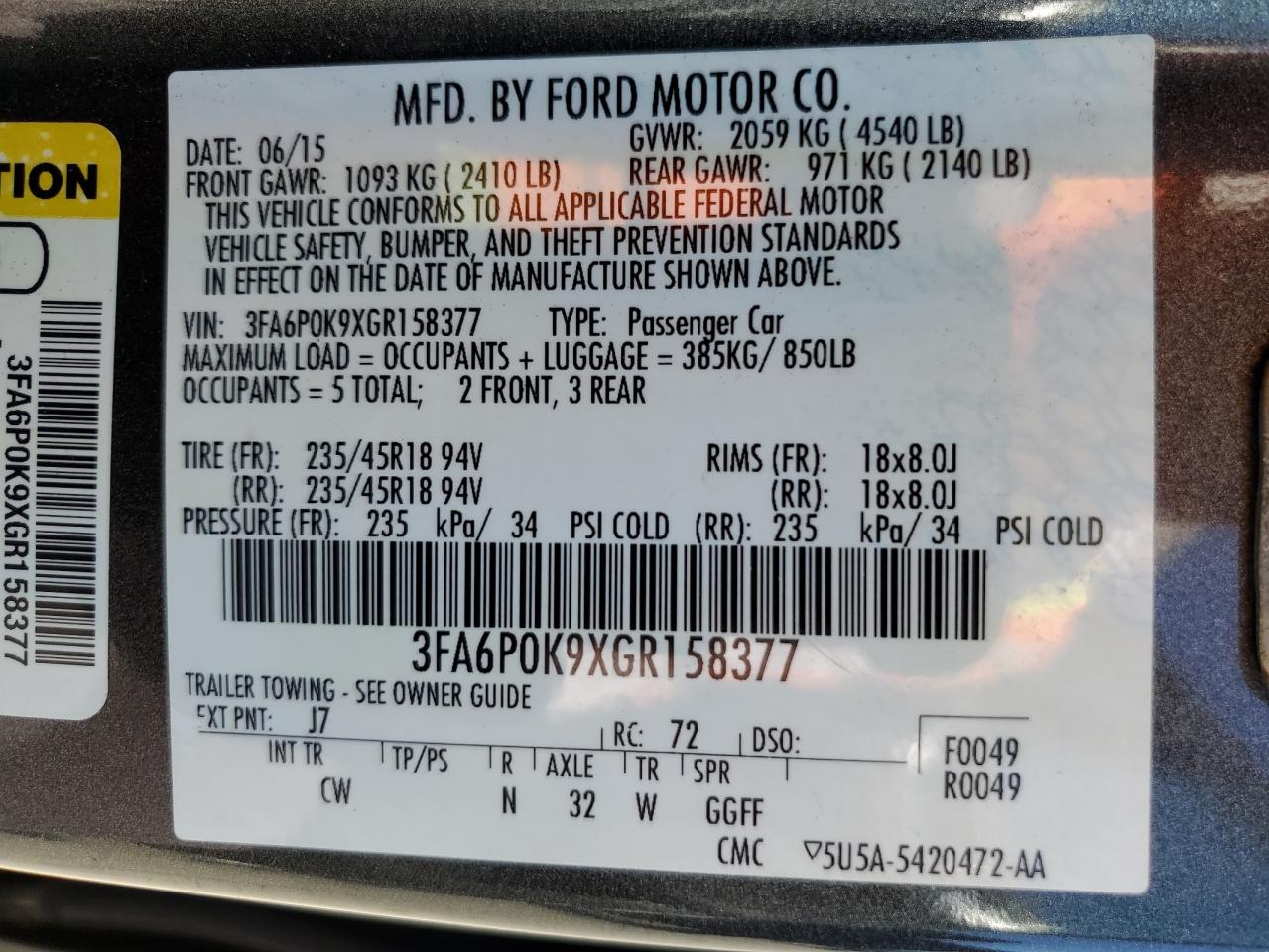 Photo 11 VIN: 3FA6P0K9XGR158377 - FORD FUSION 