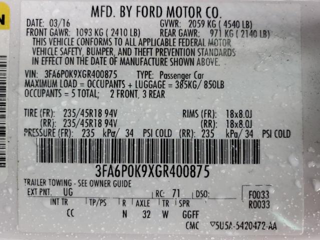 Photo 11 VIN: 3FA6P0K9XGR400875 - FORD FUSION 