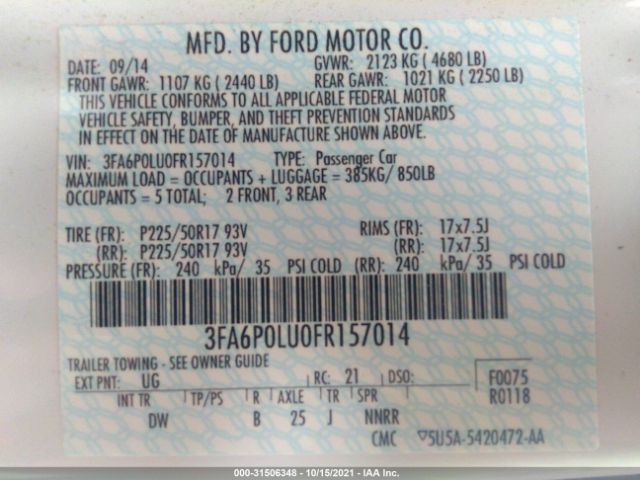 Photo 8 VIN: 3FA6P0LU0FR157014 - FORD FUSION 