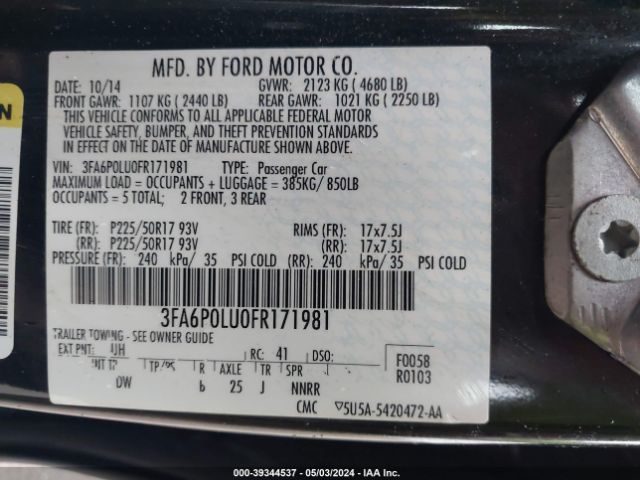 Photo 8 VIN: 3FA6P0LU0FR171981 - FORD FUSION HYBRID 