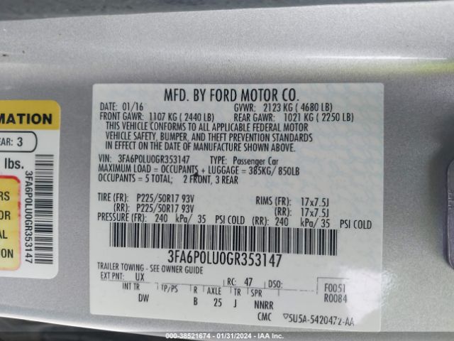 Photo 8 VIN: 3FA6P0LU0GR353147 - FORD FUSION HYBRID 