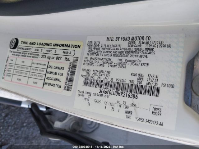 Photo 8 VIN: 3FA6P0LU0HR216386 - FORD FUSION HYBRID 