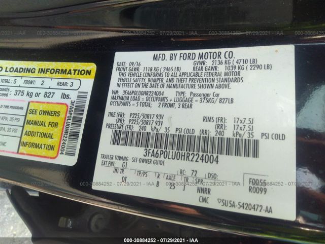 Photo 8 VIN: 3FA6P0LU0HR224004 - FORD FUSION 