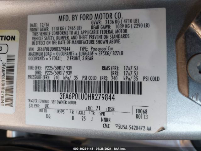 Photo 8 VIN: 3FA6P0LU0HR279844 - FORD FUSION 