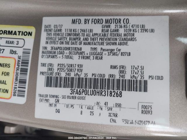 Photo 8 VIN: 3FA6P0LU0HR318268 - FORD FUSION HYBRID 