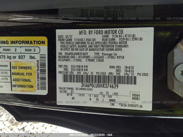 Photo 8 VIN: 3FA6P0LU0HR374629 - FORD FUSION 