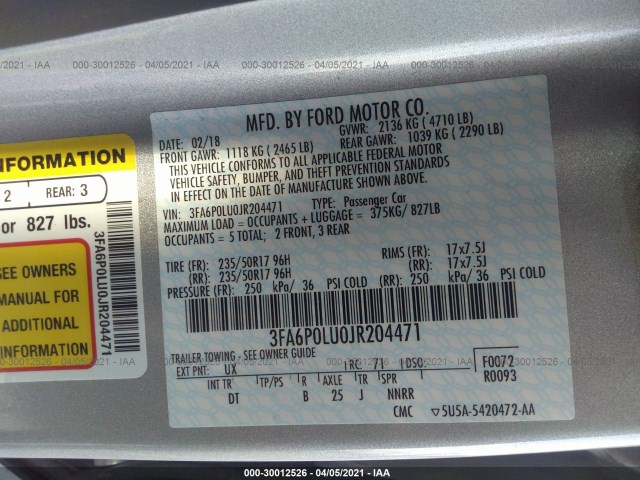 Photo 8 VIN: 3FA6P0LU0JR204471 - FORD FUSION HYBRID 