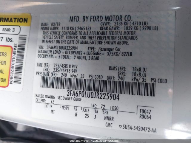 Photo 8 VIN: 3FA6P0LU0JR225904 - FORD FUSION HYBRID 