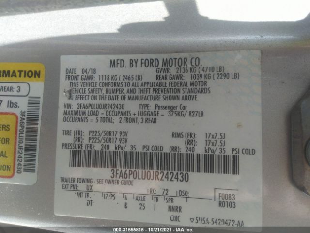 Photo 8 VIN: 3FA6P0LU0JR242430 - FORD FUSION HYBRID 