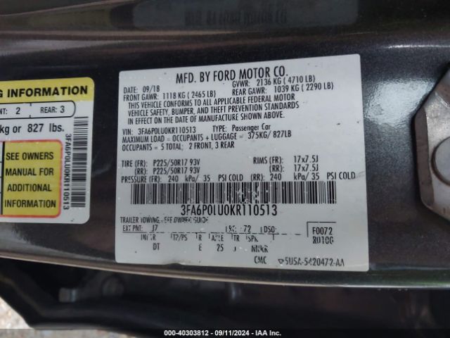 Photo 8 VIN: 3FA6P0LU0KR110513 - FORD FUSION 