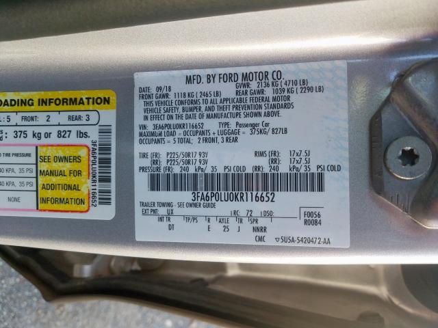 Photo 9 VIN: 3FA6P0LU0KR116652 - FORD FUSION SE 