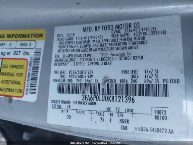 Photo 8 VIN: 3FA6P0LU0KR121396 - FORD FUSION HYBRID 