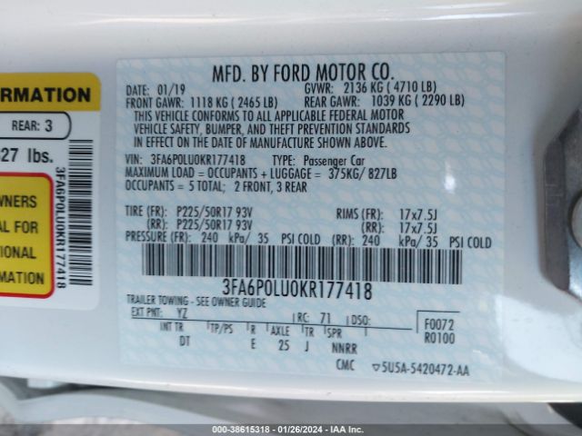 Photo 8 VIN: 3FA6P0LU0KR177418 - FORD FUSION HYBRID 