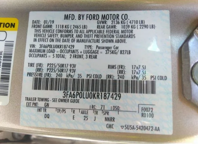 Photo 8 VIN: 3FA6P0LU0KR187429 - FORD FUSION HYBRID 