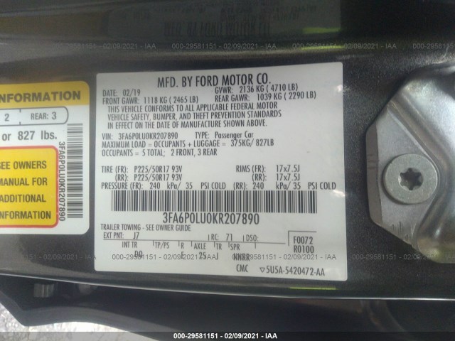 Photo 8 VIN: 3FA6P0LU0KR207890 - FORD FUSION HYBRID 