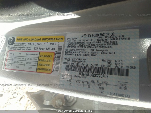 Photo 8 VIN: 3FA6P0LU0KR220705 - FORD FUSION HYBRID 