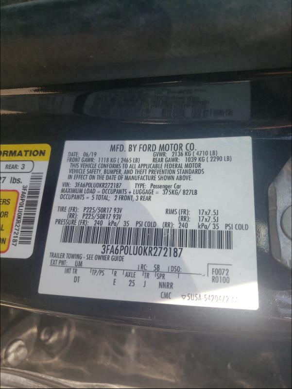 Photo 9 VIN: 3FA6P0LU0KR272187 - FORD FUSION SE 