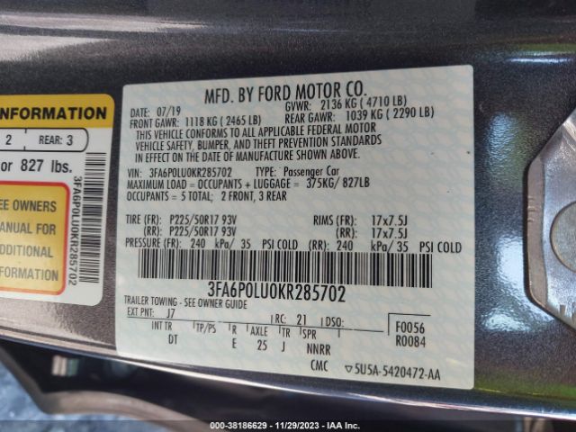 Photo 8 VIN: 3FA6P0LU0KR285702 - FORD FUSION HYBRID 