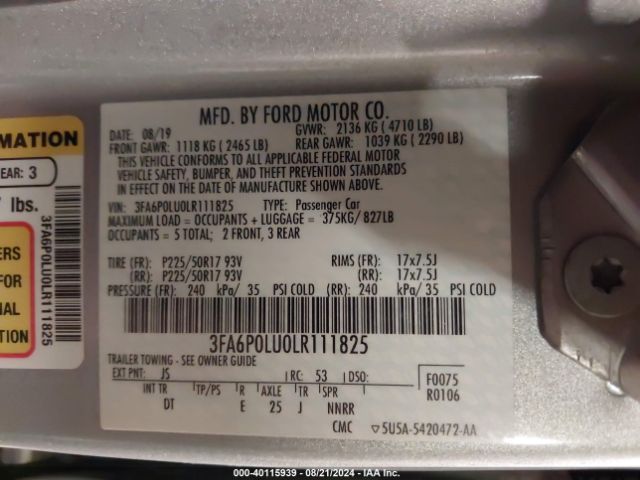 Photo 8 VIN: 3FA6P0LU0LR111825 - FORD FUSION 