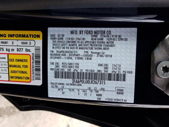 Photo 9 VIN: 3FA6P0LU0LR267315 - FORD FUSION SE 