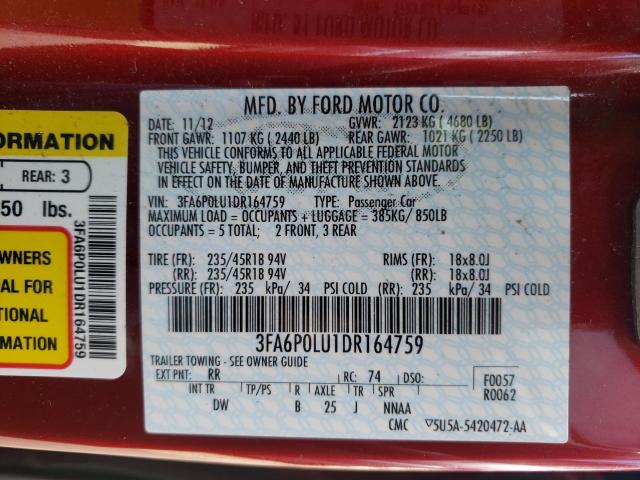 Photo 9 VIN: 3FA6P0LU1DR164759 - FORD FUSION SE 